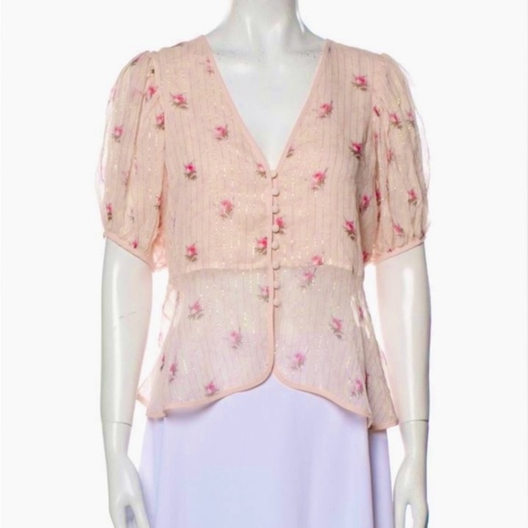 LoveShackFancy powder blush pink short sleeve blouse NWT - Picture 1 of 4